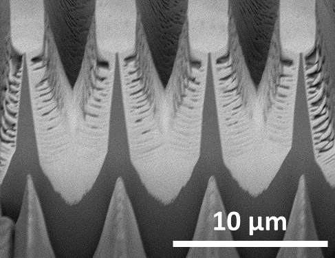 Cross-sectional electron micrograph of high-aspect-ratio beta-gallium-oxide fin structures