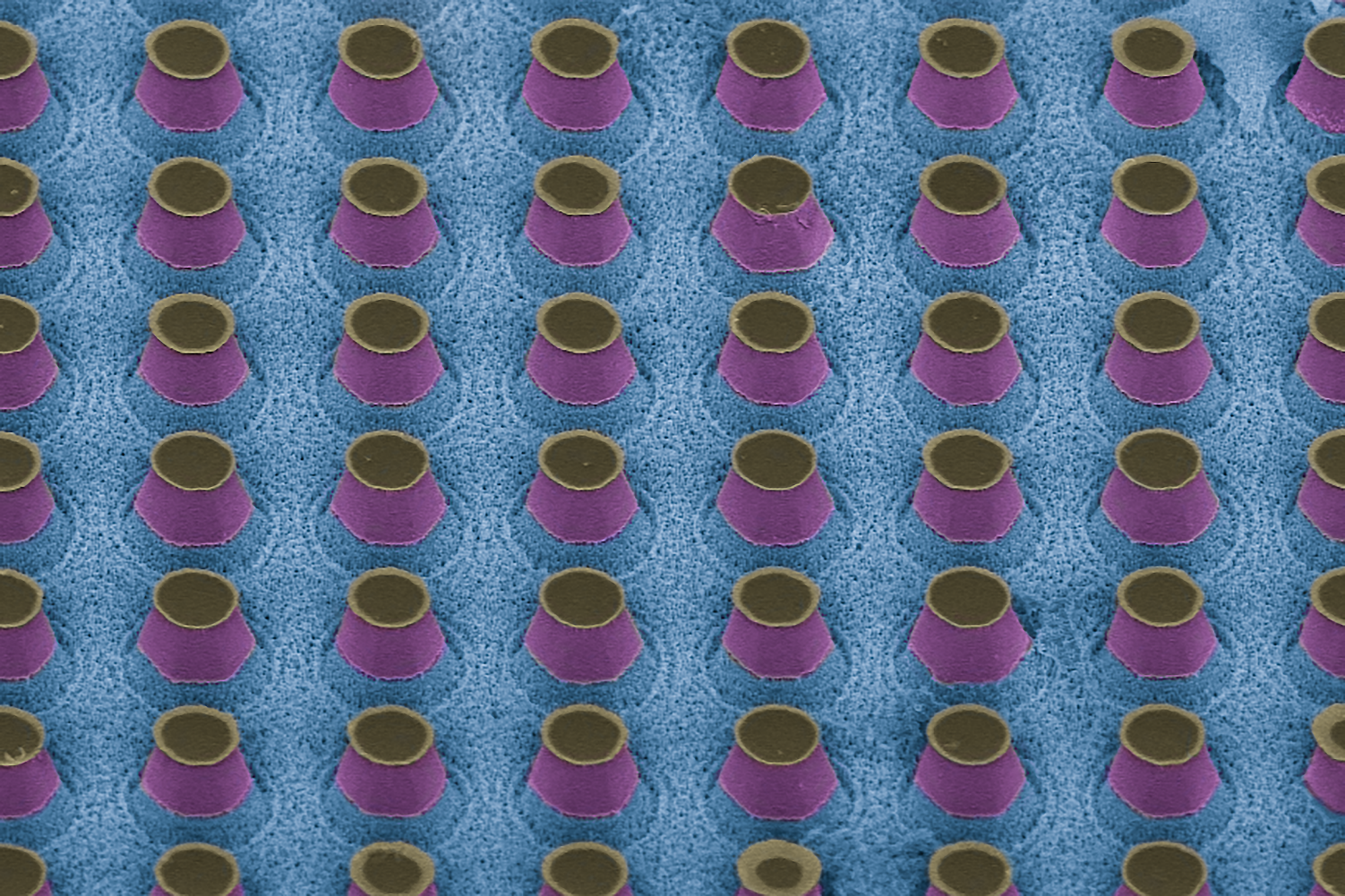 False-color electron micrograph of an ordered GaN micropillar array produced by photo-enhanced MacEtch