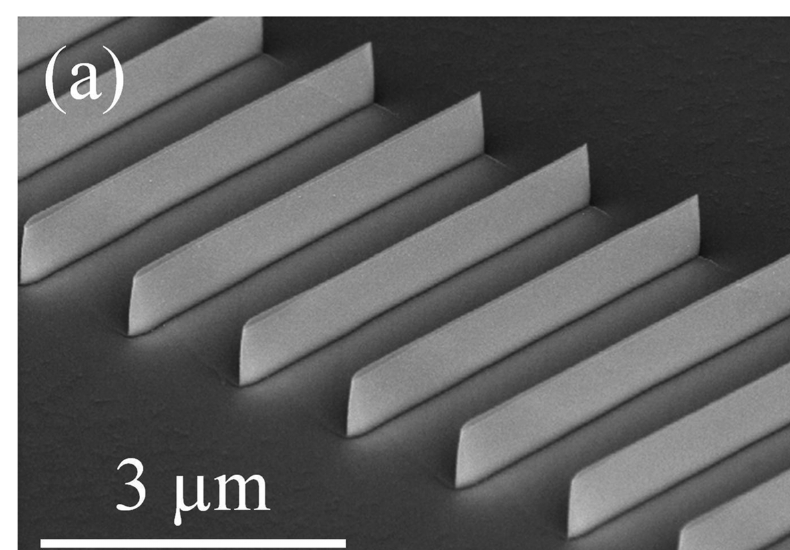 45-degree tilted scanning electron micrograph of an array of 20-nanometer-wide indium phosphide nanofins produced by inverse metal-assisted chemical etching